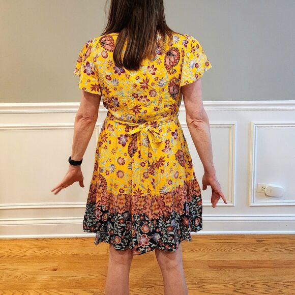 Boho Chic Yellow Paisley Surplice Tie Waist Ruffle Hem Dress Large - Picture 2 of 12